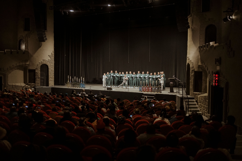 An a cappella group performs at the Natal Playhouse Theatre during the 2023 edition of the Isicathamiya Festival in Durban, on September 23, 2023. (Photo by Marco Longari / AFP)