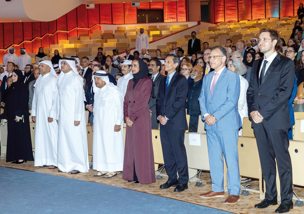 Minister of Communications and Information Technology H E Mohammed bin Ali bin Mohammed Al Mannai (sixth right), Vice Chairperson & CEO Qatar Foundation H E Sheikha Hind bint Hamad Al Thani (fourth right) and Qatari Businessmen Association  Chairman Sheikh Faisal bin Qassim Al Thani (fifth right)  along with other officials during the ceremony.