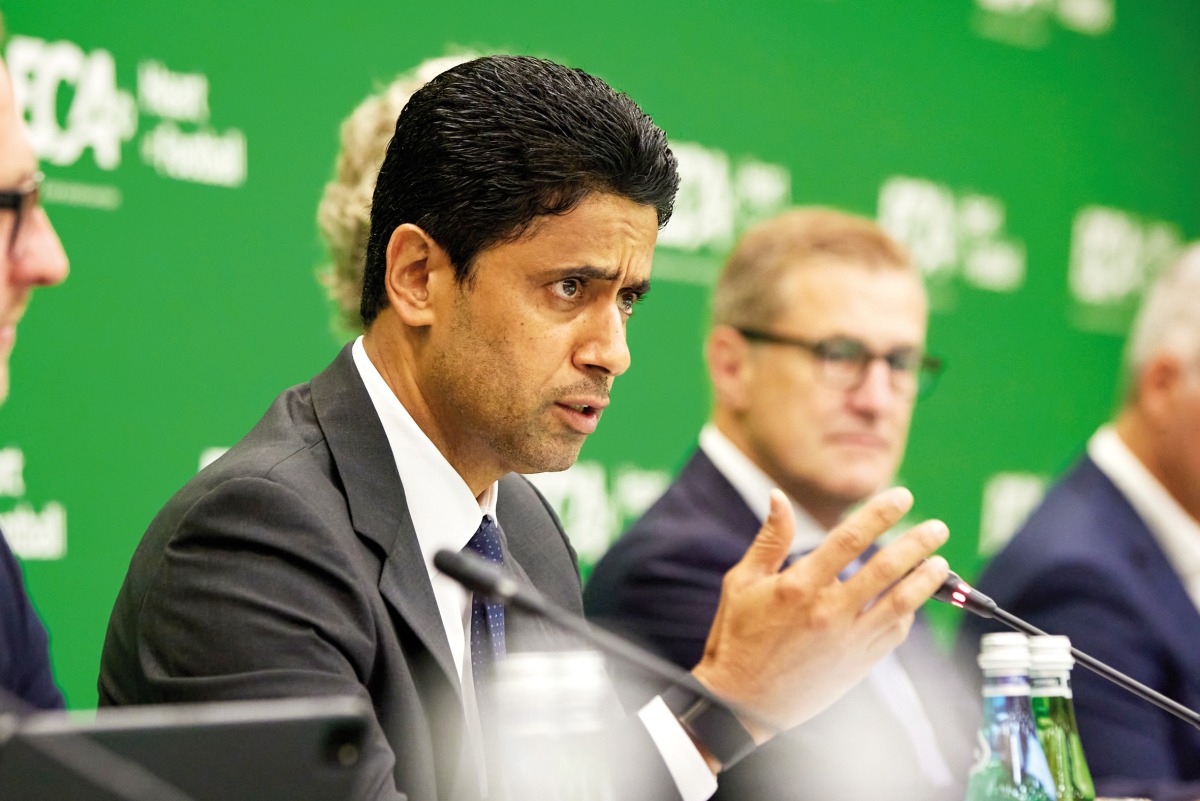 European Club Association Chairman Nasser Al Khelaifi speaks during the meeting in Warsaw, Poland.