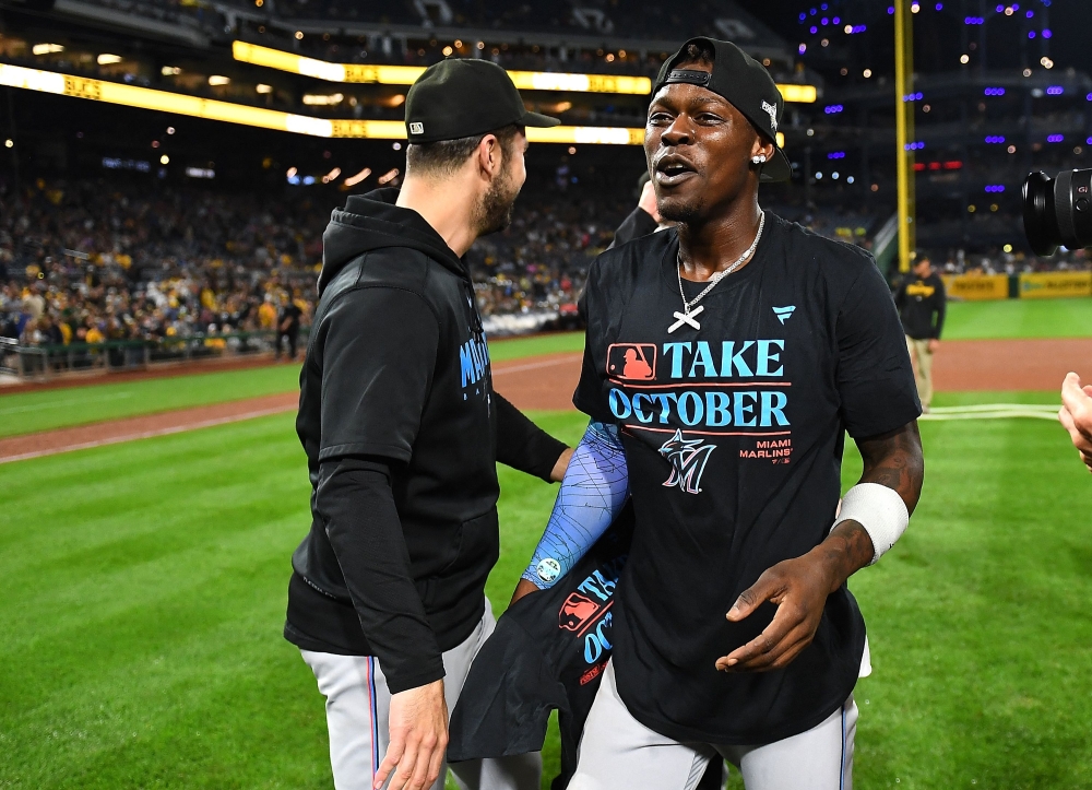 Jazz Chisholm Jr. #2 of the Miami Marlins celebrates after a 7-3 win over the Pittsburgh Pirates to clinch a National League Wildcard berth at PNC Park on September 30, 2023 in Pittsburgh, Pennsylvania. (Photo by Joe Sargent / GETTY IMAGES NORTH AMERICA / Getty Images via AFP)
