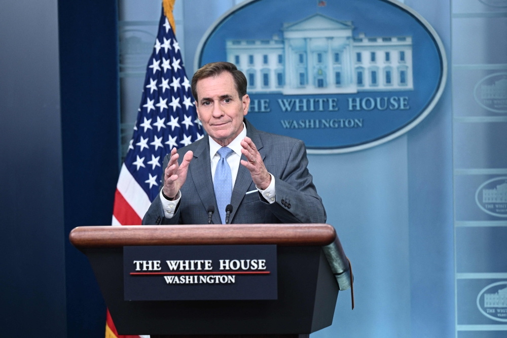 National Security Council Coordinator for Strategic Communications John Kirby speaks during the daily briefing in the Brady Press Briefing Room of the White House in Washington, DC, on October 12, 2023. (Photo by Brendan Smialowski / AFP)
