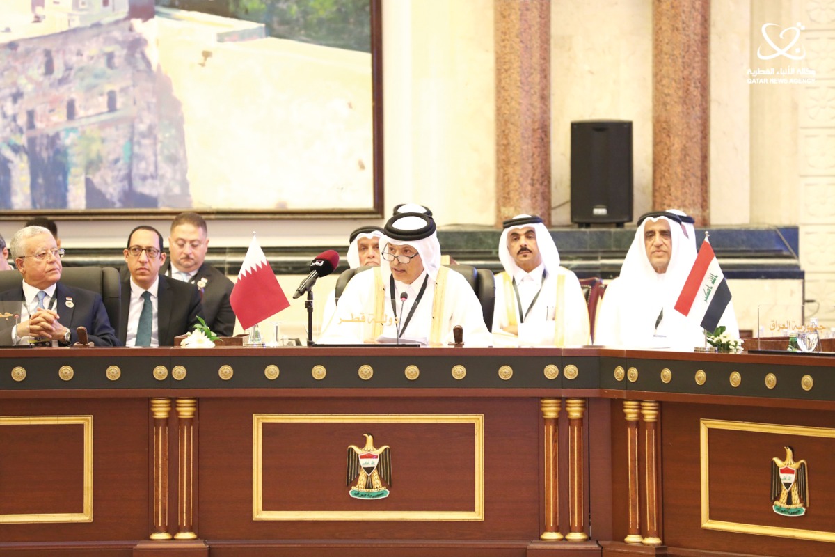 Speaker of the Shura Council H E Hassan bin Abdullah Al Ghanim and the Qatari delegation at the 35th emergency conference of the Arab Parliamentary Union in Baghdad, yesterday.