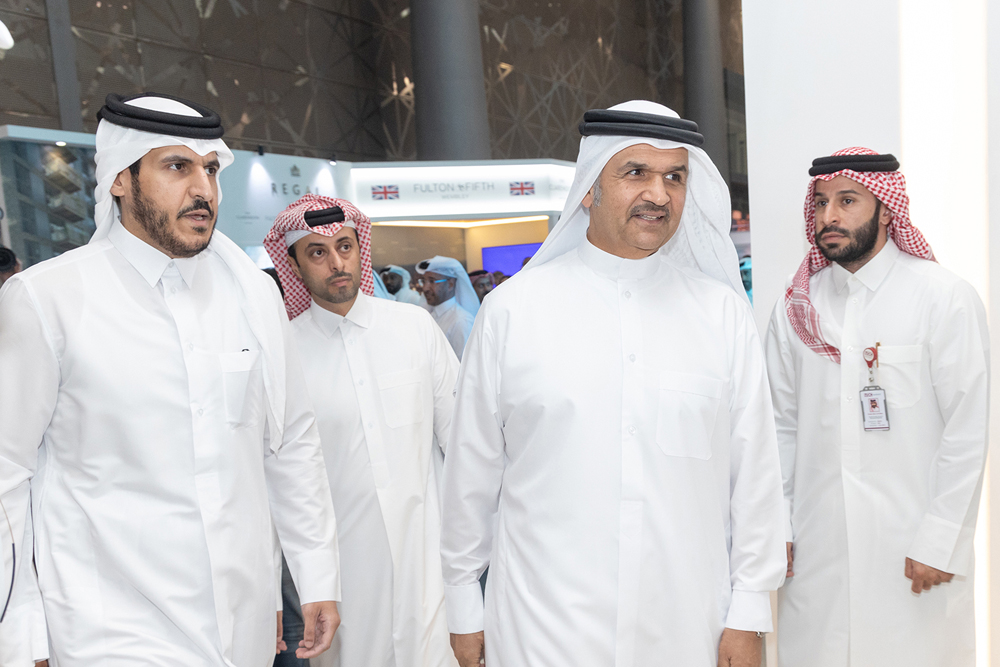 Minister of Commerce and Industry H E Sheikh Mohammed bin Hamad bin Qassim Al Abdullah Al Thani and UDC President, Chief Executive Officer and member of the Board Ibrahim Jassim Al Othman visiting the UDC pavillion at Cityscape Qatar 2023, yesterday.