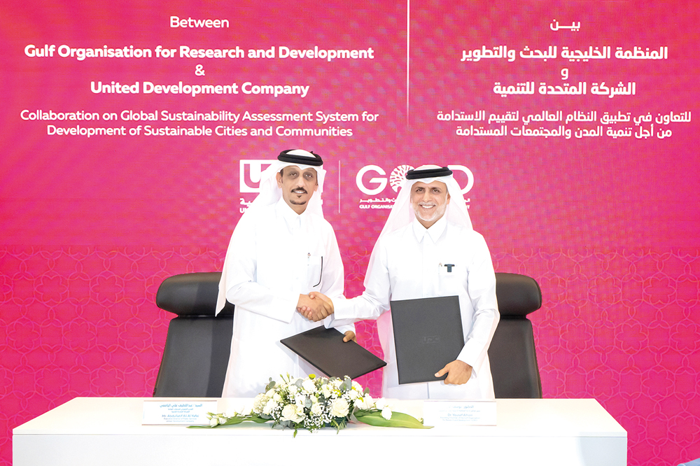 GORD’s Founding Chairman, Dr. Yousef Alhorr (right) and UDC’s Executive Director of Public Services, Abdullatif Al Yafei during the MoU signing.