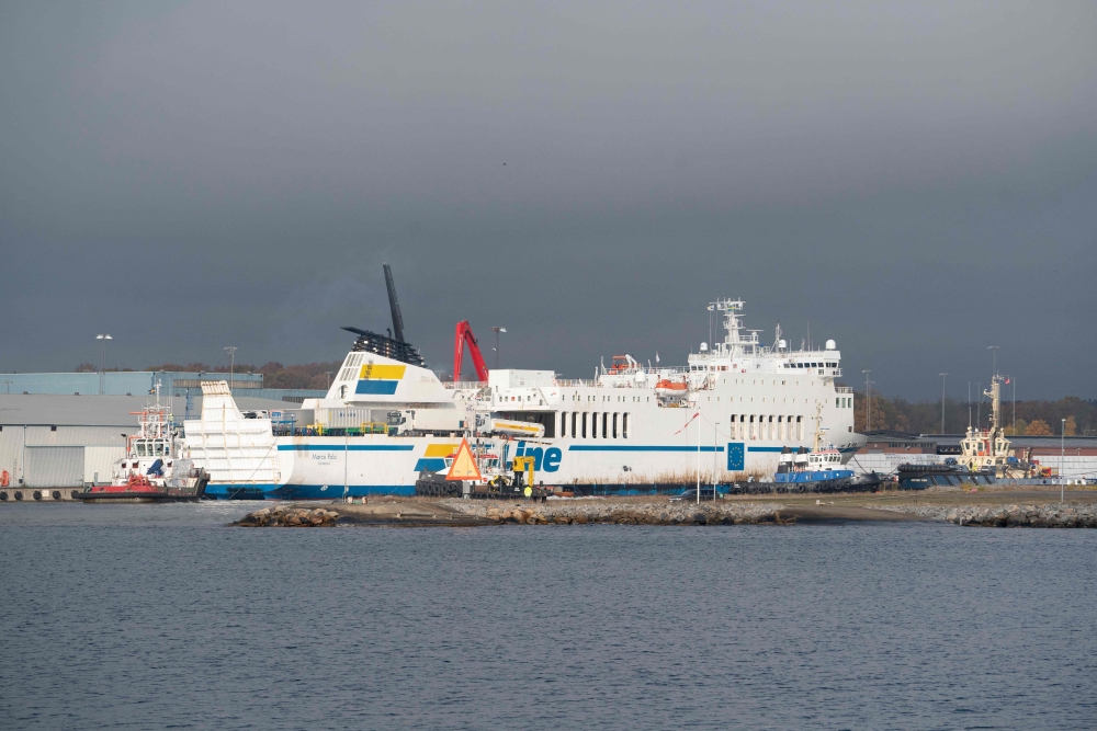 The passenger ferry Marco Polo operated by TT-Line is towed in the port of Karlshamn on November 2, 2023. Photo by Ola TORKELSSON/various sources/AFP