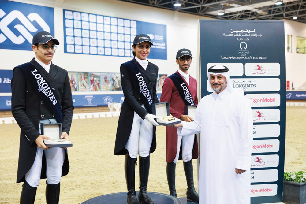 The podium winners of dressage Level 1 at Qatar Equestrian Federation (QEF) Indoor Arena yesterday. 
