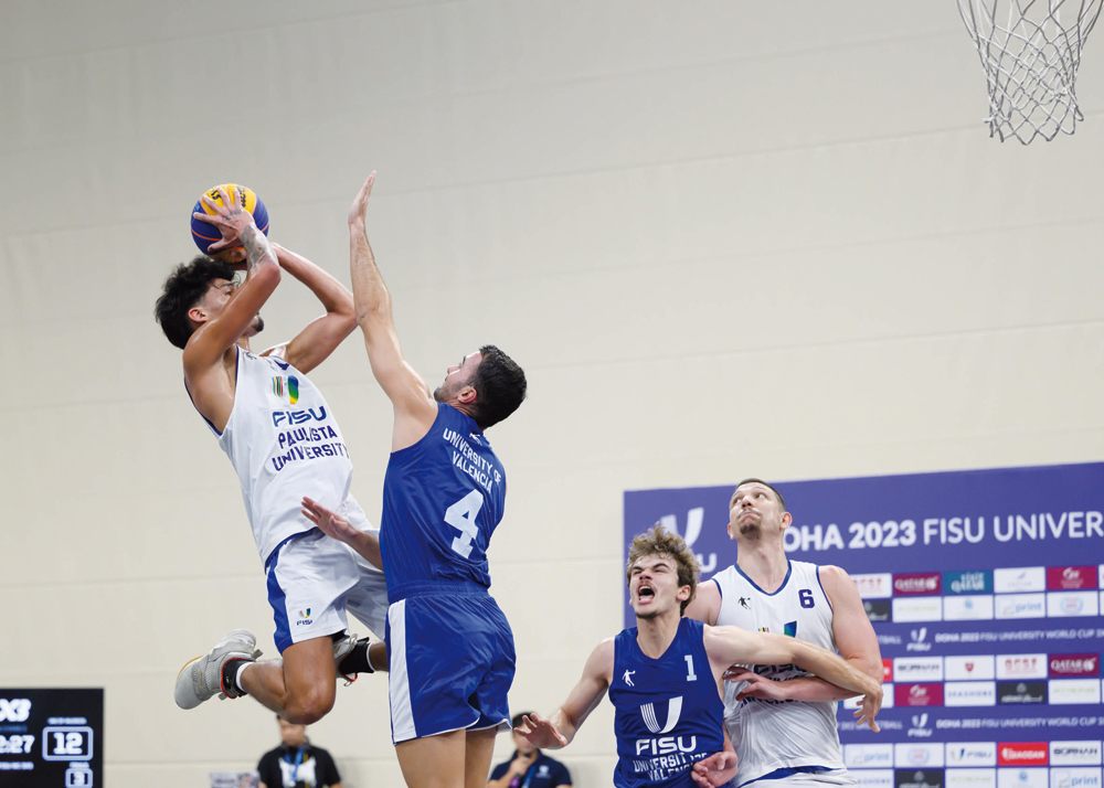 Action during the match between Brazil's Paulista University and Spain's University of Valencia, on Day 2 of the 2023 FISU University World Cup 3X3 Basketball Championship, in Doha, yesterday.