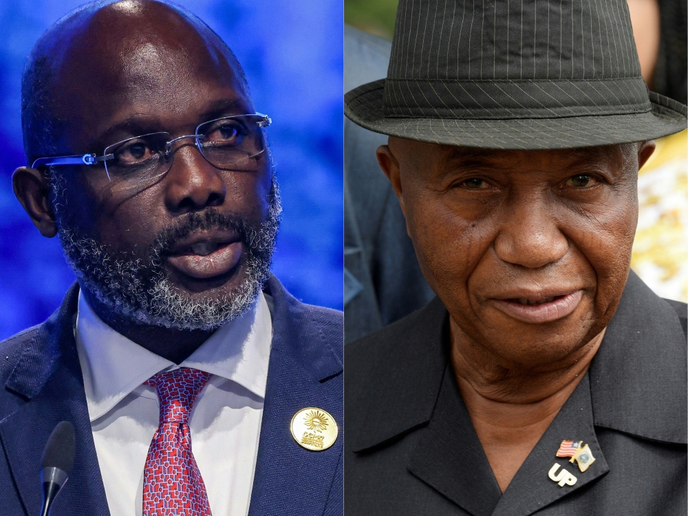 This combination of pictures created on November 13, 2023 shows Liberia's President George Weah (left) delivering a speech at the leaders summit of the COP27 climate conference at the Sharm el-Sheikh International Convention Centre, in Egypt's Red Sea resort city of the same name, on November 8, 2022, and outgoing Liberian Vice President Joseph Boakai arriving at his party headquarters in Monrovia on December 29, 2017. (Photo by Ahmad Gharabli and Seyllou / AFP)