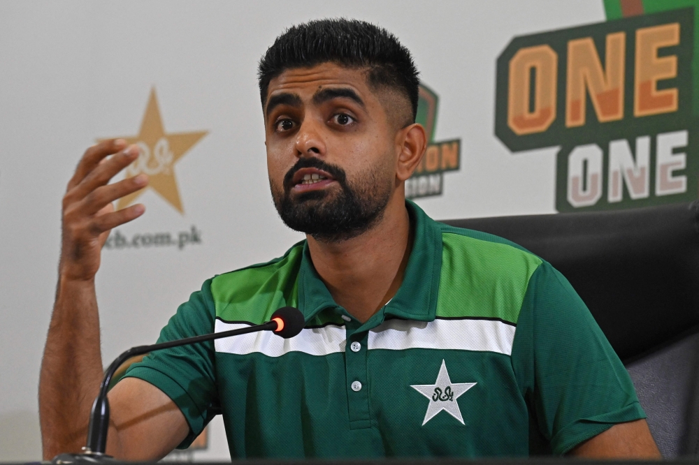 Pakistan's cricket team captain Babar Azam speaks during a press conference at the Gaddafi Stadium in Lahore on September 26, 2023. (Photo by Arif Ali / AFP)

