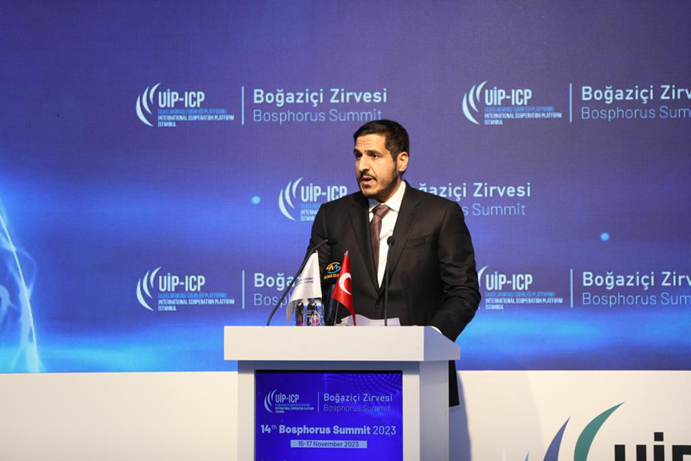 Minister of Commerce and Industry H E Sheikh Mohammed bin Hamad bin Qassim Al Thani addressing the 14th Bosphorus Summit in Istanbul, recently.