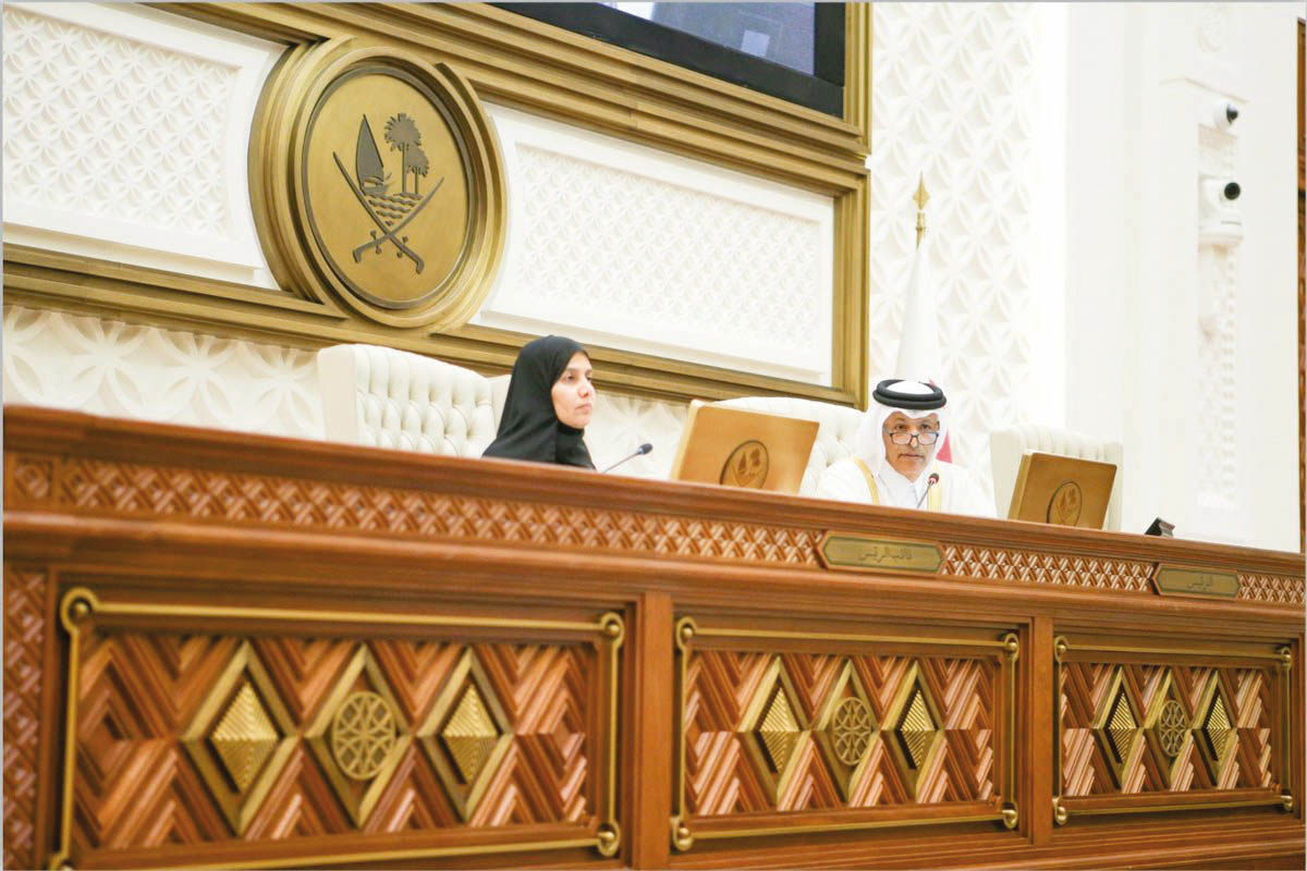 Speaker of the Shura Council H E Hassan bin Abdullah Al Ghanim (right) during the ordinary weekly session of the Council yesterday.
