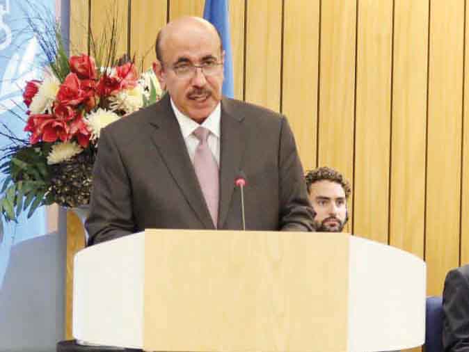 Minister of Transport H E Jassim Saif Ahmed Al Sulaiti addressing the plenary session of the 33rd Assembly of IMO in London yesterday.
