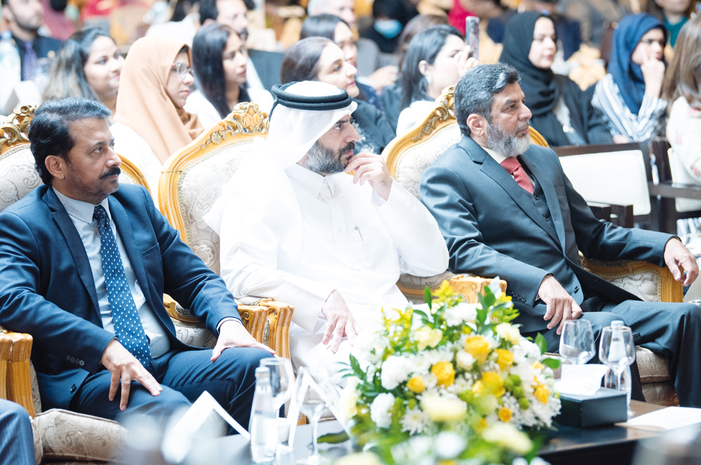 From left: Ambassador of Pakistan to Qatar H E Muhemmed Aejaz, Assistant Undersecretary for Private Education Affairs Omar Al Naama, and Director of TNG School Riyaz Ahmed Bakali during the event.