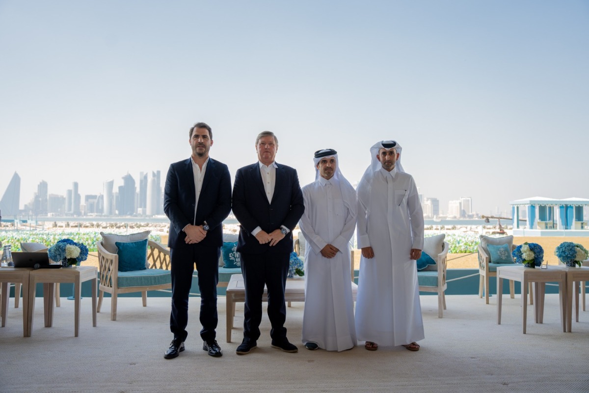 (From left) Global Champions Arabians Tour (GCAT) Brand & Marketing Officer Jorge Cunha, Global Champions Tour Founder and President Jan Tops, CEO of the event Badr Al Darwish and Deputy CEO Mohamed Al Thani, during the launch of the GCAT on the sidelines of the World Arabian Horse Championship at the Old Doha Port, yesterday.
