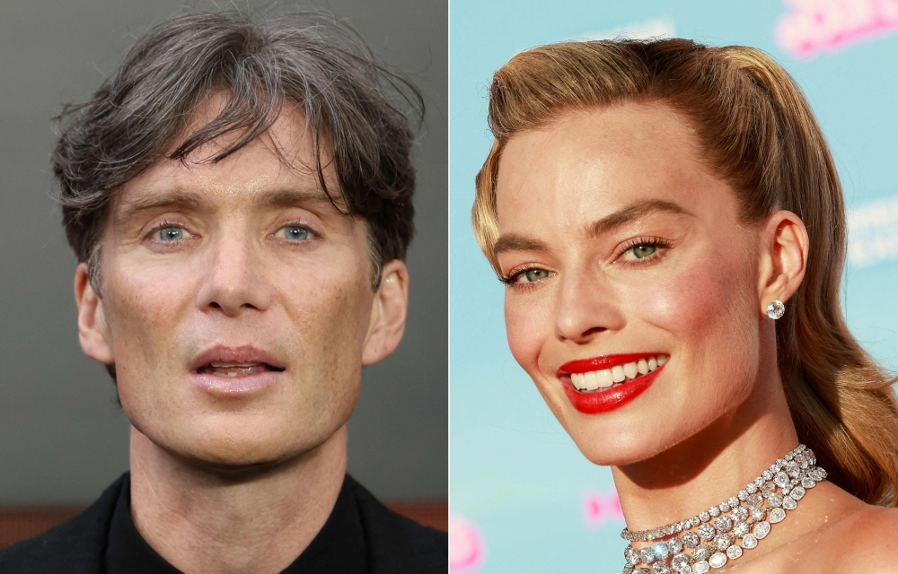 This combination of pictures created on December 10, 2023 shows Irish actor Cillian Murphy at the UK premiere of