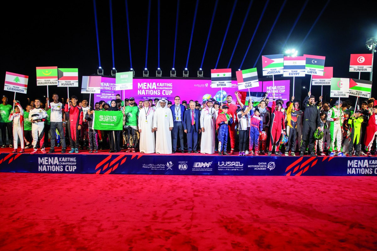 Qatar Motor and Motorcycle Federation (QMMF) and Lusail International Circuit (LIC) President Abdulrahman bin Abdullatif Al Mannai, QMMF’s Executive Director and CEO of LIC Amro Al Hamad and FIA representatives with the participating teams at the opening ceremony of MENA Karting Championship Nations Cup 2023 at the Lusail International Circuit’s karting track yesterday.