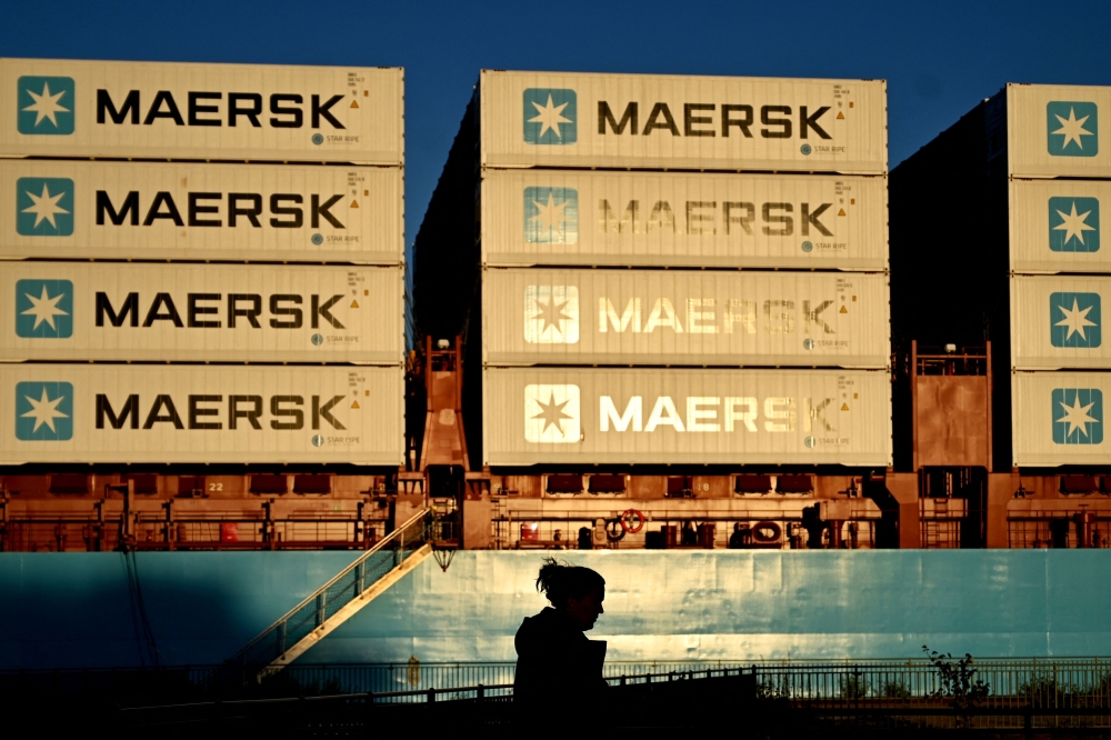 (Files) Containers of Danish shipping and logistics company Maersk are seen in Copenhagen, Denmark, on September 14, 2023. (Photo by Sergei Gapon / AFP)