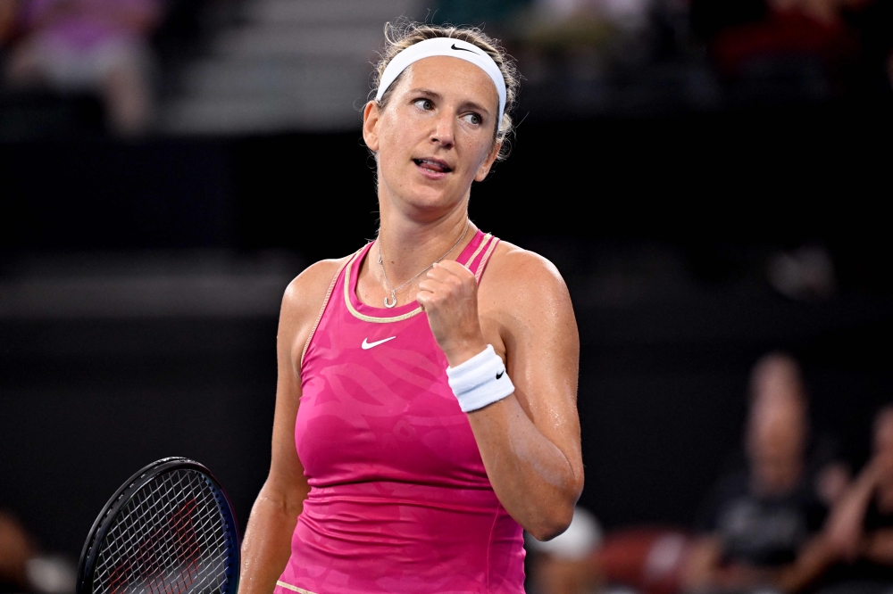 Belarus's Victoria Azarenka reacts during her women's singles match against Russia's Anna Kalinskaya at the Brisbane International tennis tournament in Brisbane on January 2, 2024. Photo by William WEST / AFP