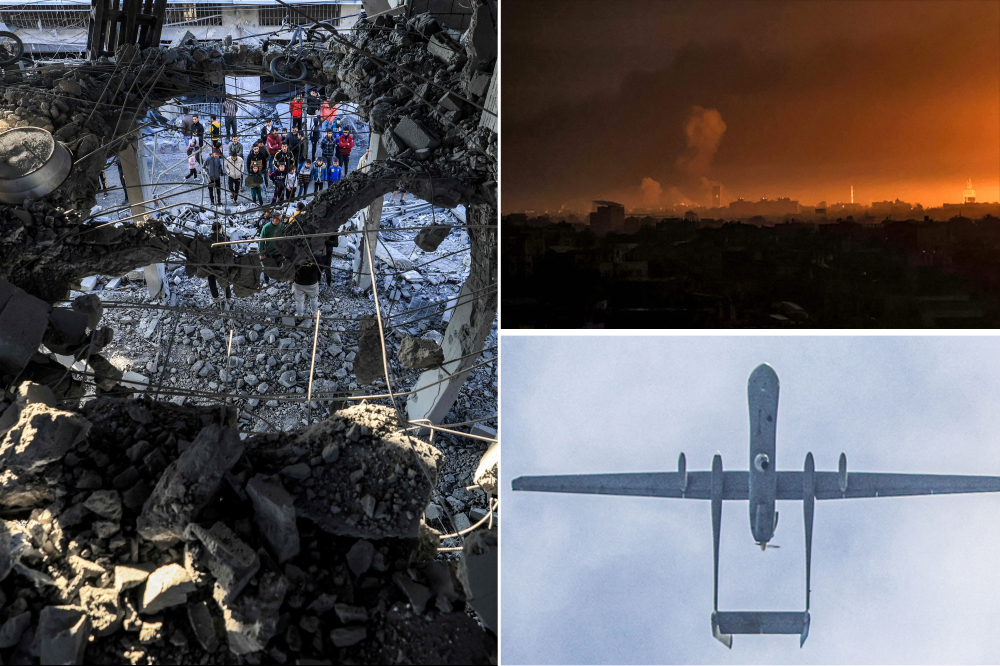 Clockwise from left: People inspect the rubble of a building where displaced Palestinian Jabalieh family were sheltering after it was hit by Israeli bombardment in Rafah on January 3, 2024; Smoke billows during Israeli bombardment on Khan Yunis from Rafah on January 3, 2024; an Israeli unmanned aerial vehicle (UAV or drone) flies over Rafah in the southern Gaza Strip on January 3, 2024. (Photos by AFP)