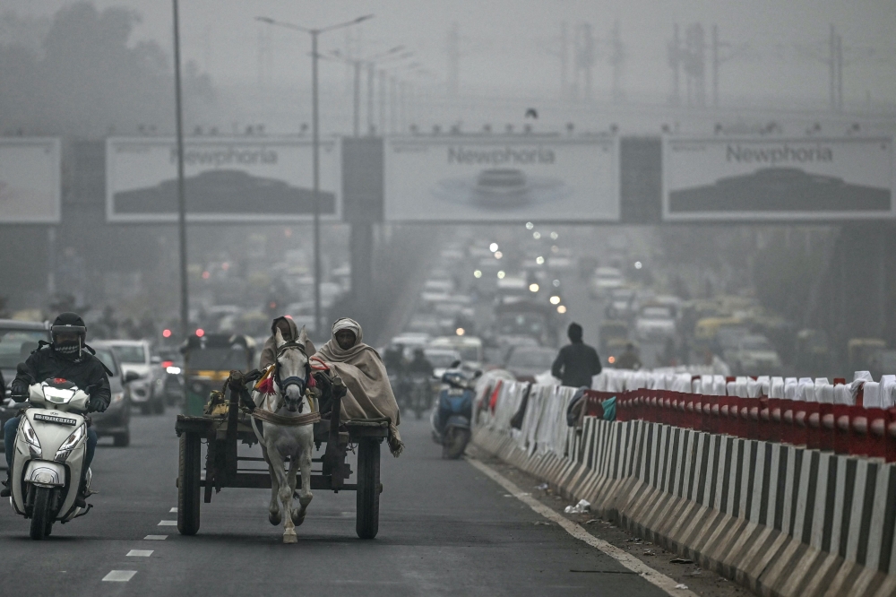 People ride a horse-driven cart on a cold foggy winter morning in New Delhi on January 5, 2024. (Photo by Arun SANKAR / AFP)