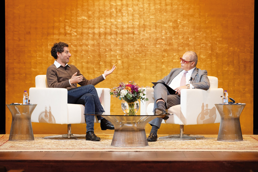 Dr. Safwan Masri, dean of GU-Q (right), in conversation with Tareq Baconi, a Historian and Analyst at the Palestine Speaker Series