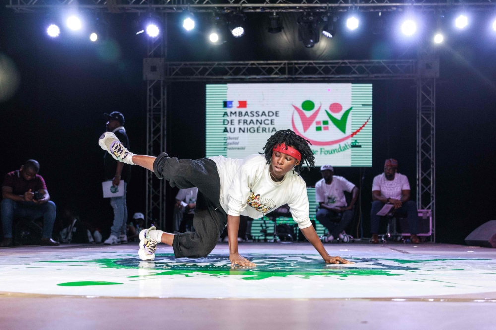 B-girl Vicky performs during the National Breakdance Competition held at the National Stadium Surulere in Lagos on January 15, 2024. (Photo by Benson Ibeabuchi / AFP)