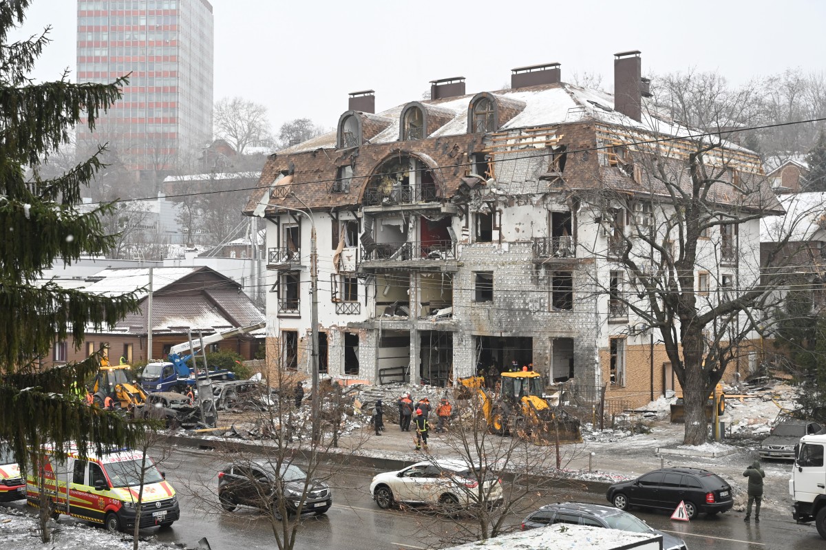 A photo shows a hotel destroyed after a missile attack in Kharkiv, on January 11, 2024, amid the Russian invasion of Ukraine. (Photo by SERGEY BOBOK / AFP)