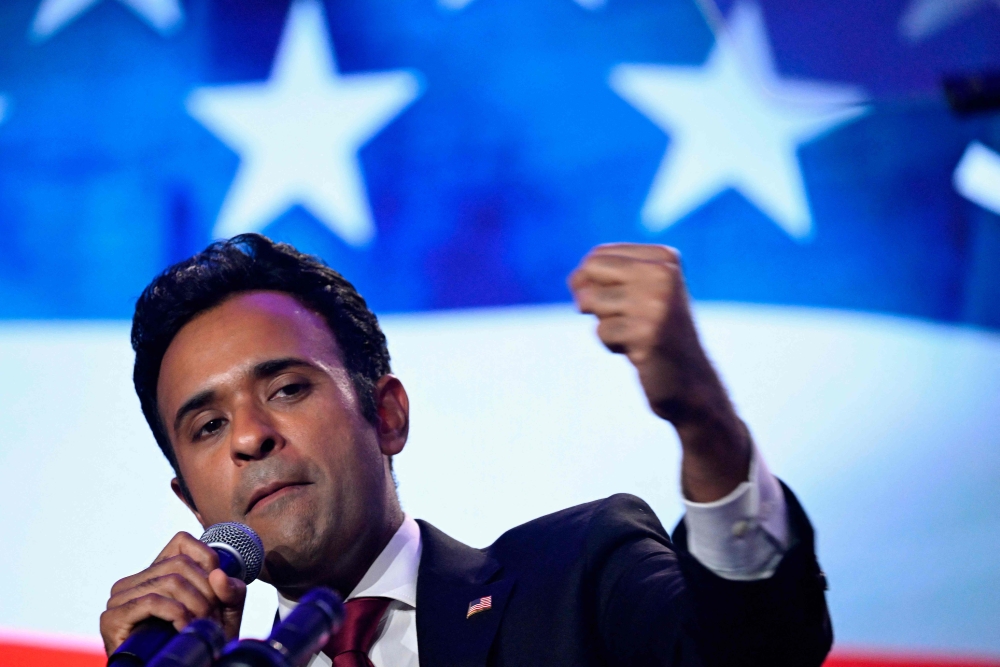 (Files) US entrepreneur and Republican presidential hopeful Vivek Ramaswamy speaks during the PrayVoteStand Summit in Washington, DC, on September 15, 2023.  (Photo by Andrew Caballero-Reynolds / AFP)
 