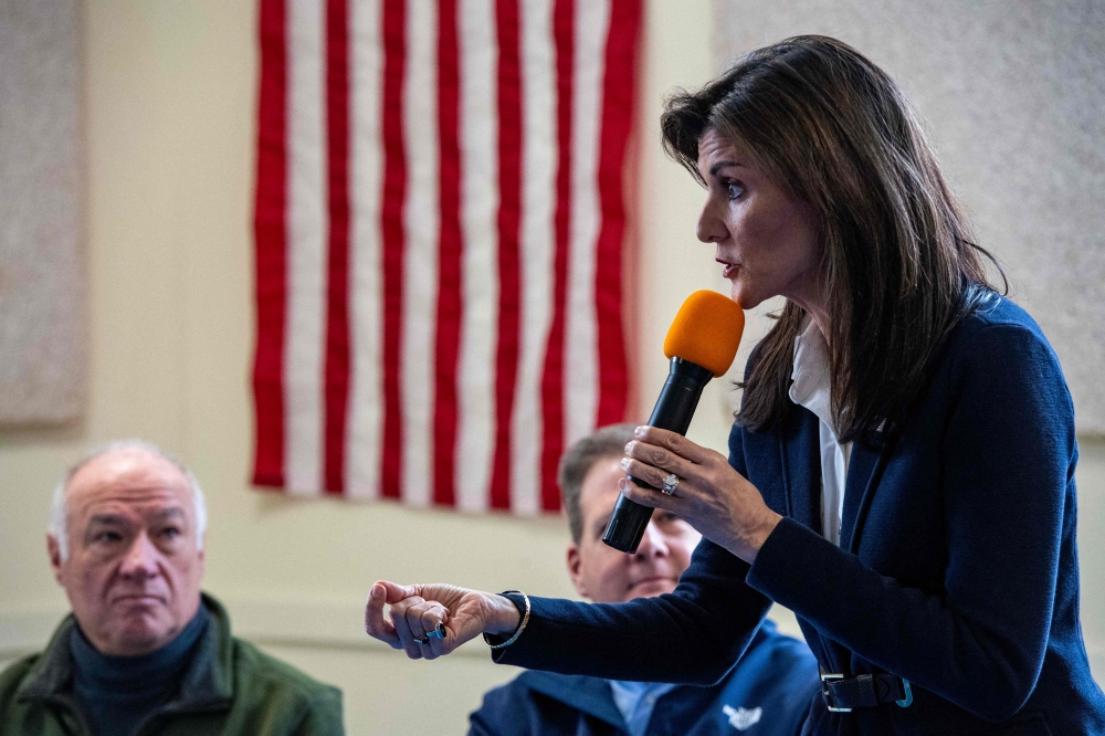 Former UN Ambassador and 2024 presidential hopeful Nikki Haley takes part in a round table discussion at the Polaris Charter School in Manchester, New Hampshire, on January 19, 2024. The state's primary is scheduled for January 23, 2024. (Photo by Joseph Prezioso / AFP)