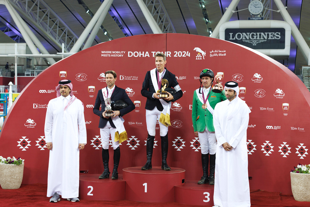 Asian Equestrian Federation President  Hamad bin Abdulrahman Al Attiya and Qatar Equestrian Federation Secretary-General and Chairman Organizing Committee Doha Tour Sheikh Ahmad bin Nooh Al Thani with podium winners of CSI4* Grand Prix-Jump Off (1.55m) event of Week 2 of Doha International Tour at Al Shaqab on Saturday.