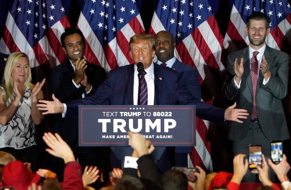 Republican presidential hopeful and former US President Donald Trump speaks during an Election Night Party in Nashua, New Hampshire, on January 23, 2024. (Photo by TIMOTHY A. CLARY / AFP)
