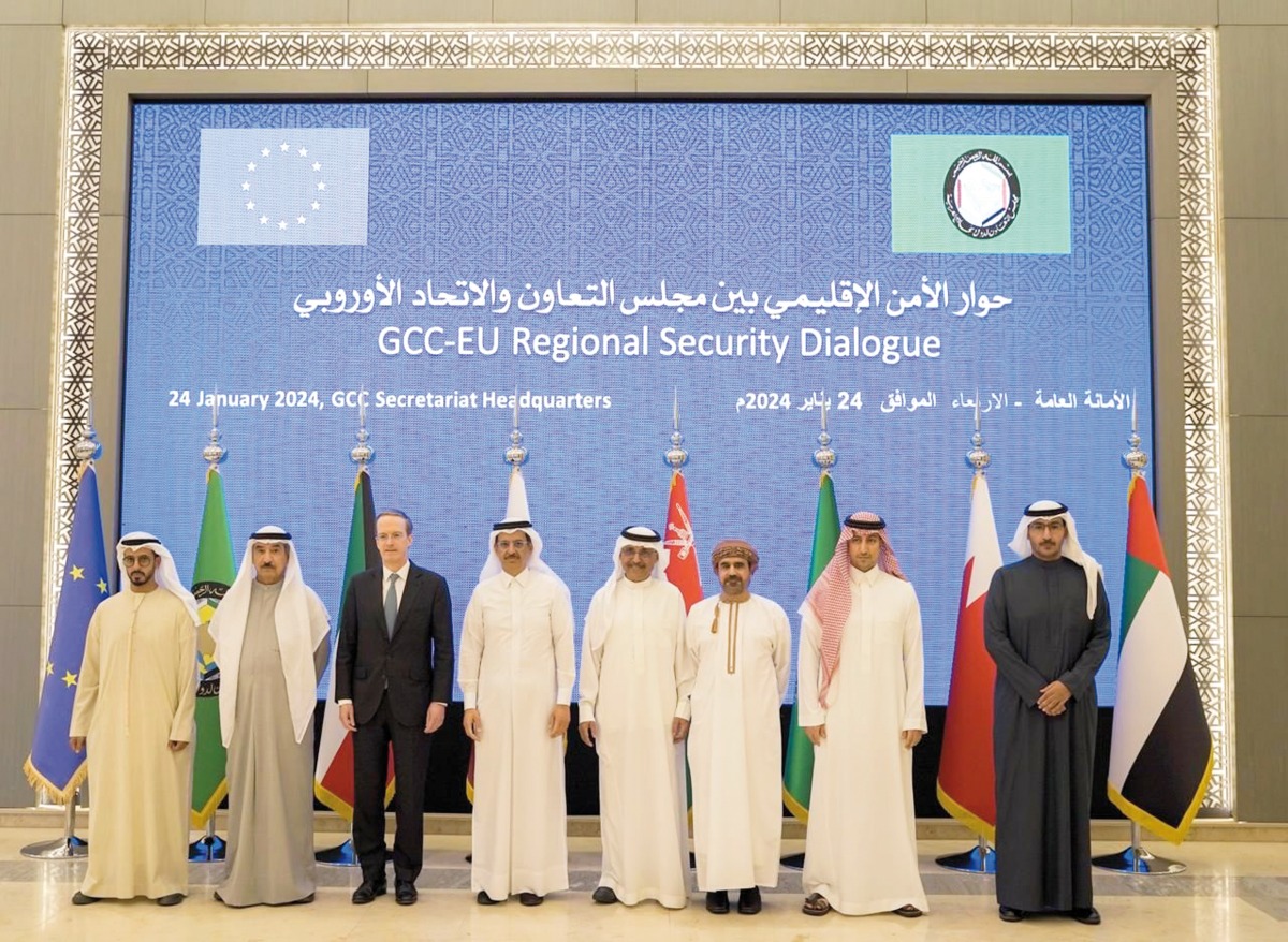 Director of Policy and Planning Department of the Ministry of Foreign Affairs Dr. Khalid bin Fahad Al Khater and Deputy Secretary General for Peace, Security and Defence H E Charles Fries (third left) with other officials during the event.