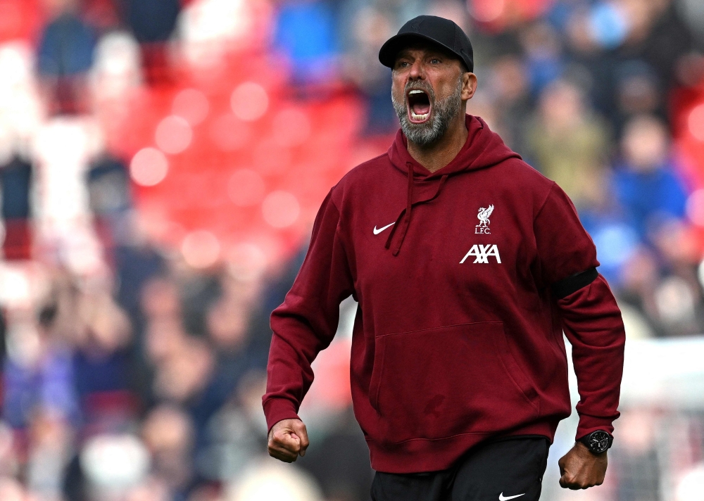 Liverpool's German manager Jurgen Klopp reacts after the English Premier League football match between Liverpool and Everton at Anfield in Liverpool, north west England on October 21, 2023. (Photo by Paul Ellis / AFP)