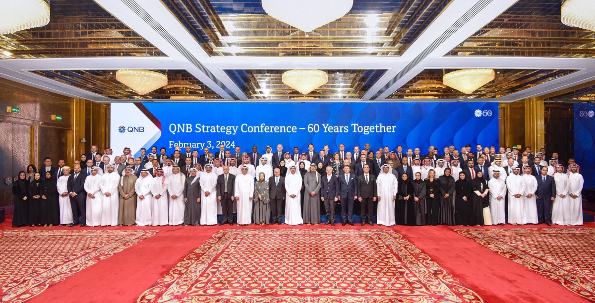 Officials and representatives from QNB Head Office and its international network pose for a group photo during the annual Strategy Conference to mark the 60th anniversary. 