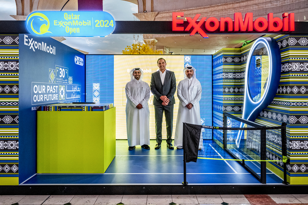 ExxonMobil Qatar Strategic Relations Vice President and Public and Government Affairs Manager Rashid Al Khayareen, Tournament Director Karim Alami and QTF Secretary General Tariq Darwish Zainal at the Qatar ExxonMobil Open 2024 stand at the Villaggio Mall in Doha. 