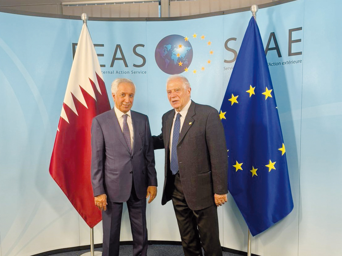 Minister of State for Foreign Affairs H E Sultan bin Saad Al Muraikhi with EU foreign  policy chief H E Josep Borrell in Brussels. 
