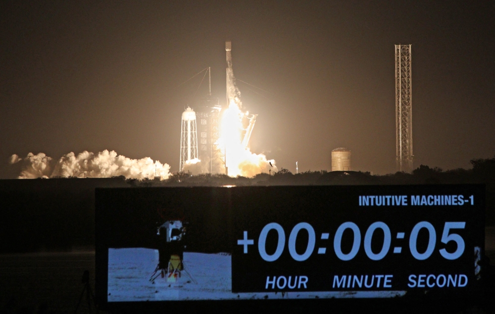 A SpaceX Falcon 9 rocket lifts off from launch pad LC-39A at the Kennedy Space Center with the Intuitive Machines' Nova-C moon lander mission, in Cape Canaveral, Florida, on February 15, 2024. (Photo by Gregg Newton / AFP)