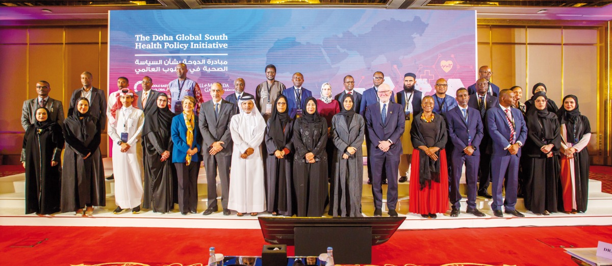 Minister of Public Health H E Dr. Hanan Al Kuwari (eight right); Minister of State for International Cooperation at the Ministry of Foreign Affairs H E Lolwah bint Rashid Al Khater (seventh right),  and several other dignitaries during the launch of Doha Global South Health Policy Initiative, yesterday. 