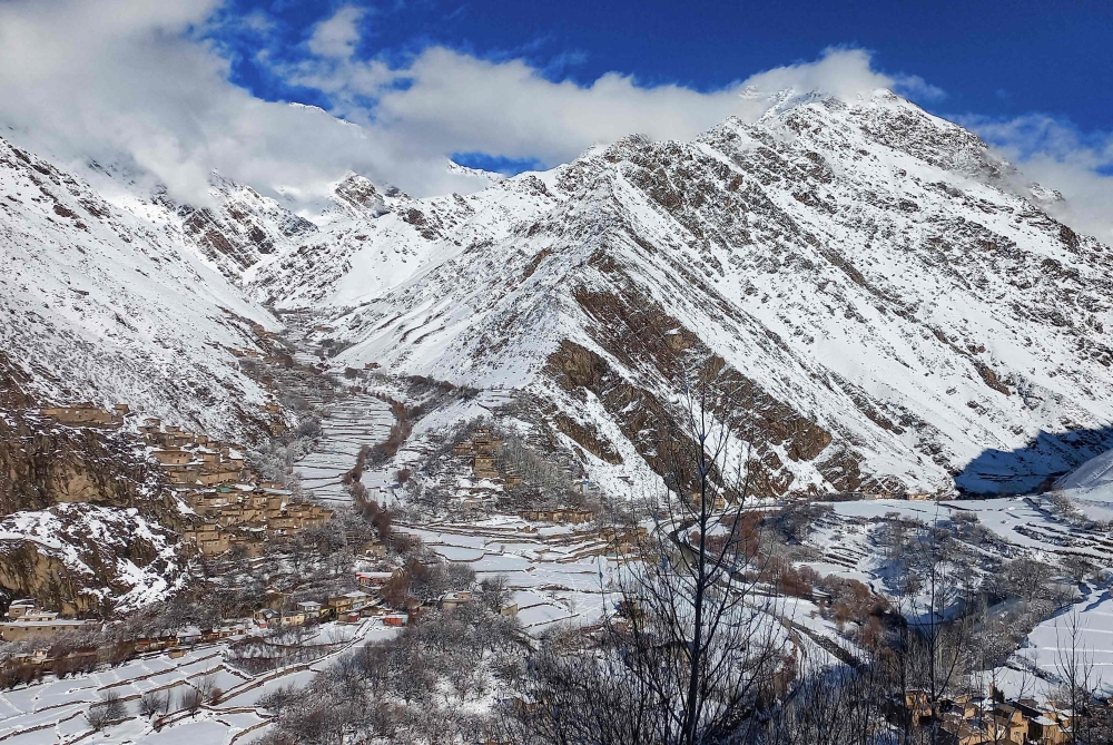 A general view shows snow laden terrain at Keraman village in the Dara district of Panjshir province on February 19, 2024. Photo by AFP