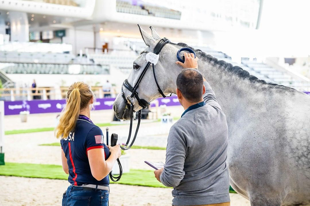 Horses underwent vet checks as competitors braced for action at Longines Indoor and Outdoor arenas at Al Shaqab, yesterday. 
