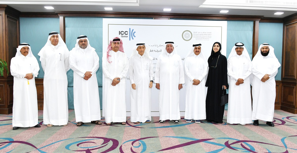 Chairman of the Al-Attiyah Foundation, H E Abdullah bin Hamad Al-Attiyah and Chairman of the Qatar Chamber and ICC Qatar, Sheikh Khalifa bin Jassim Al Thani with other officials during the MoU signing.