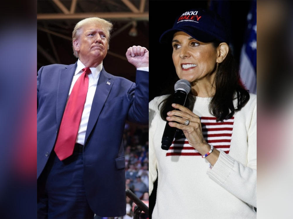 Combo photo showing Republican presidential candidate and former President Donald Trump (L) gesturing to supporters after speaking at a Get Out The Vote rally at Winthrop University on February 23, 2024 in Rock Hill, South Carolina (WIN MCNAMEE / GETTY IMAGES NORTH AMERICA / Getty Images via AFP) and US Republican Presidential hopeful and former UN Ambassador (R) Nikki Haley speaks during a campaign rally in Mt. Pleasant, South Carolina, on February 23, 2024. The South Carolina Republican Presidential Primary is scheduled for February 24, 2024. (Julia Nikhinson / AFP)

