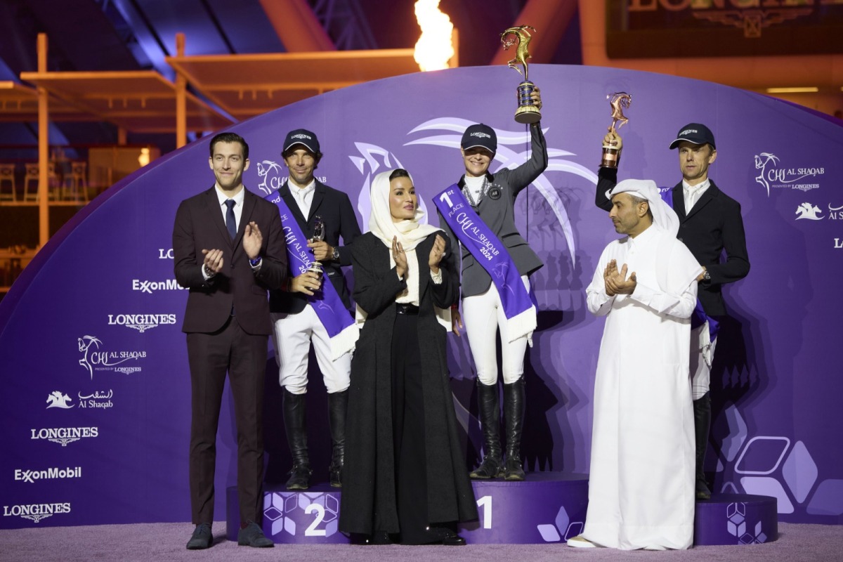 Chairperson of Qatar Foundation H H Sheikha Moza bint Nasser crowned the podium winners of the CHI Al Shaqab - Grand Prix presented by Longines on the final day of the three-day CHI Al Shaqab equestrian extravaganza yesterday. Sweden’s Malin Baryard-Johnsson won the title while Spain’s Eduardo Alvarez Aznar and Belgium’s Wilm Vermeir claimed second and third positions respectively at Al Shaqab’s Longines Outdoor Arena.