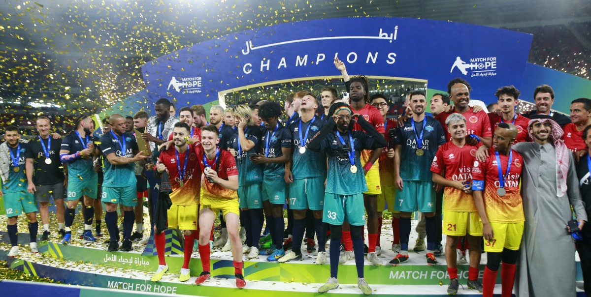 Team Chunkz triumphed over Team AboFlah with a score of 7-5 at the charity football match held at Ahmad Bin Ali Stadium. Pic: Rajan Vadakkemuriyil/The Peninsula