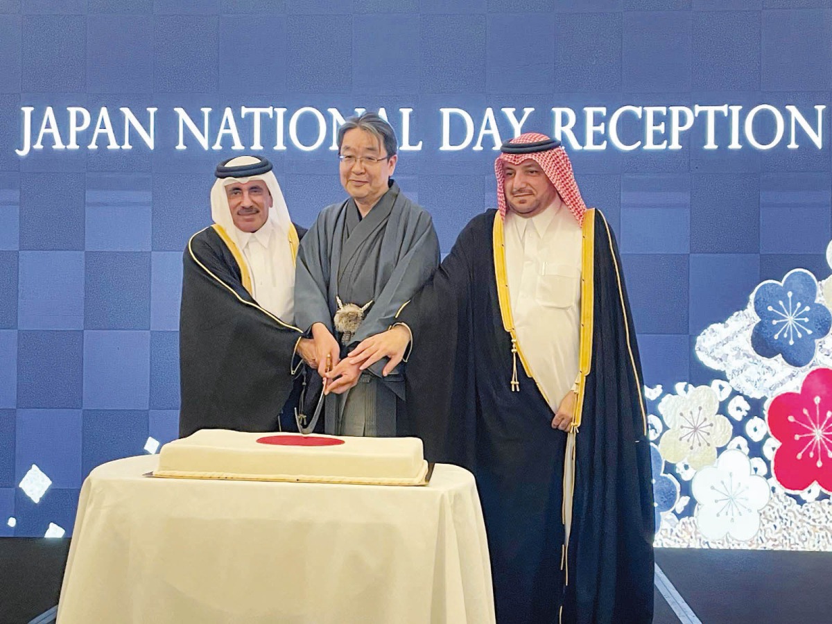 Minister of Transport, H E Jassim Saif Ahmed Al Sulaiti (left), Director of the Department of Protocol at MoFA, H E Ambassador Ibrahim Fakhroo (right), and Ambassador of Japan to Qatar, H E Satoshi Maeda at the Japan National Day reception. Pic: Joelyn Baluyut/The Peninsula
