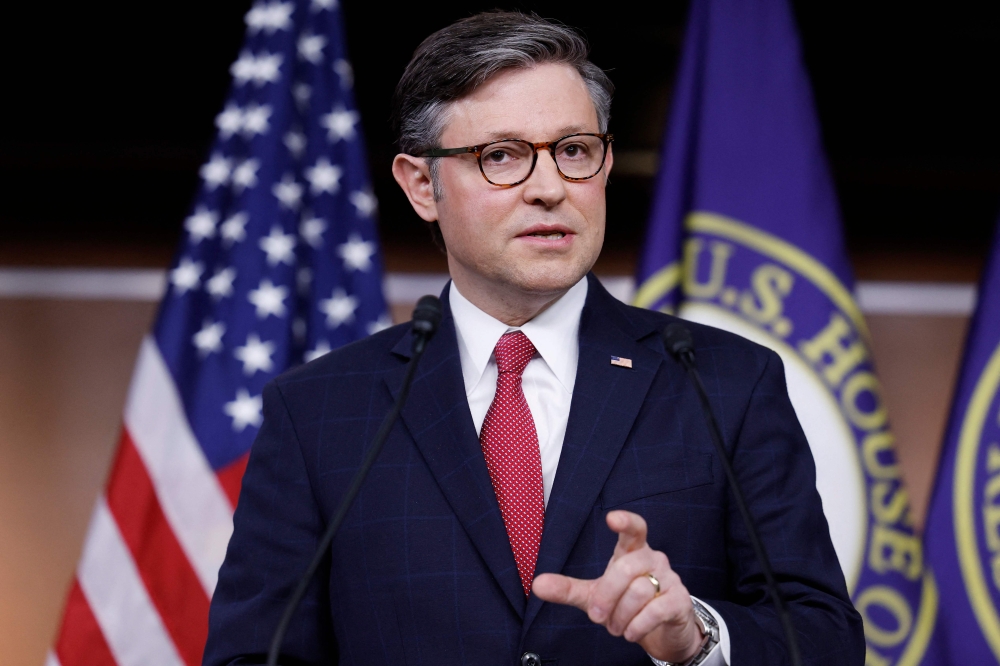 US Speaker of the House Mike Johnson speaks during a news conference with House Republican leadership on February 29, 2024 in Washington, DC. (Photo by Anna Moneymaker / Getty Images via AFP)