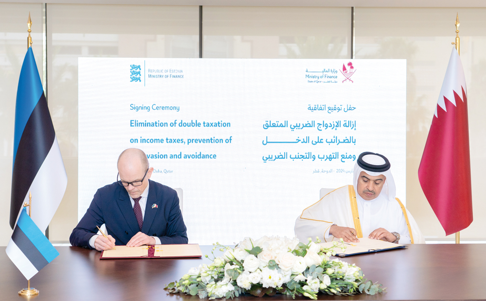 Minister of Finance H E Ali bin Ahmed Al Kuwari and Minister of Economic Affairs and Information Technology of the Republic of Estonia H E Tiit Riisalo during the signing ceremony.