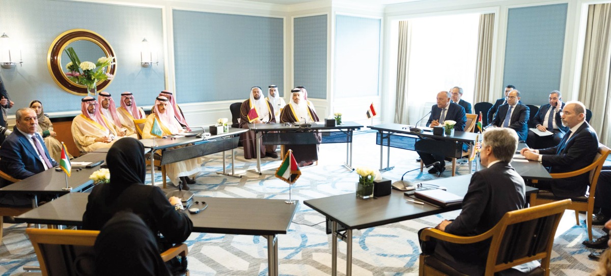 Prime Minister and Minister of Foreign Affairs H E Sheikh Mohammed bin Abdulrahman bin Jassim Al Thani taking part in a meeting of Their Excellencies Foreign Ministers of  six Arab countries in Cairo, yesterday. 
