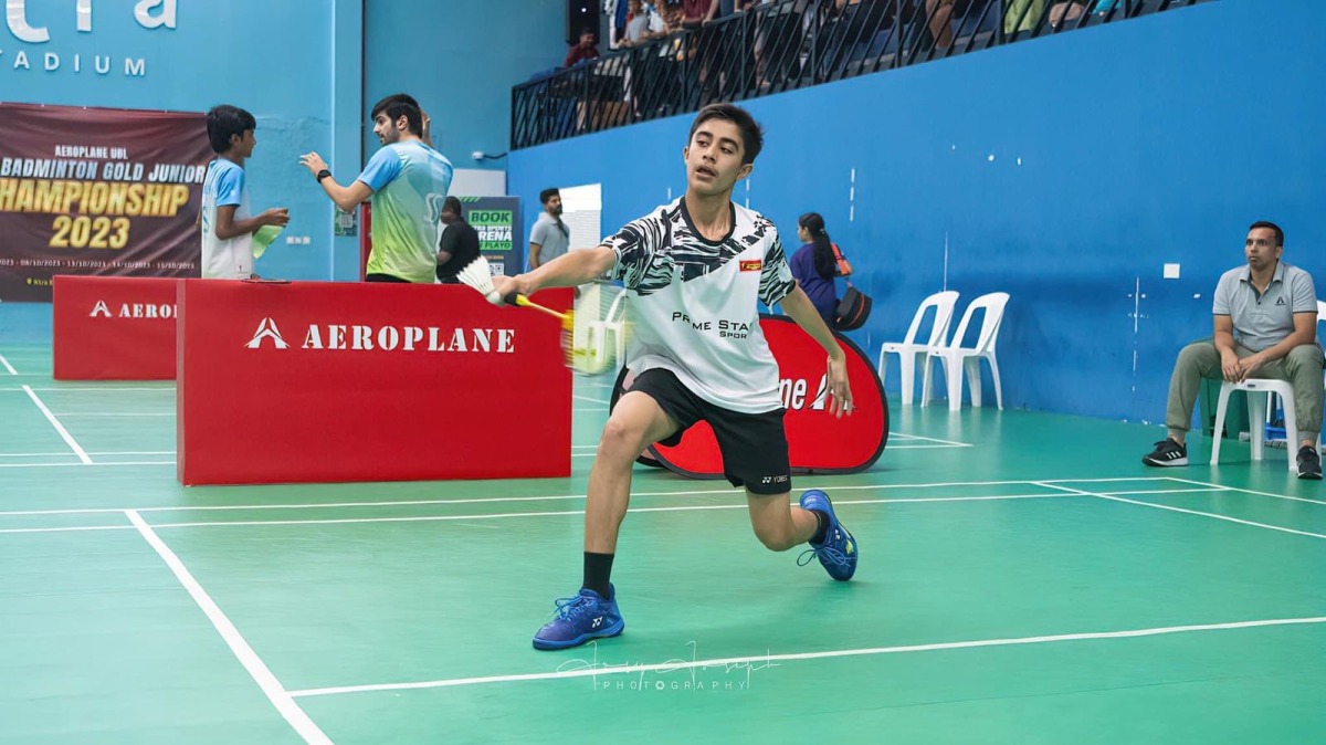 Riyan Malhan in action  during the Aeroplane UBL UAE Badminton Gold Junior Championship 2023 held in Sharjah, UAE.
