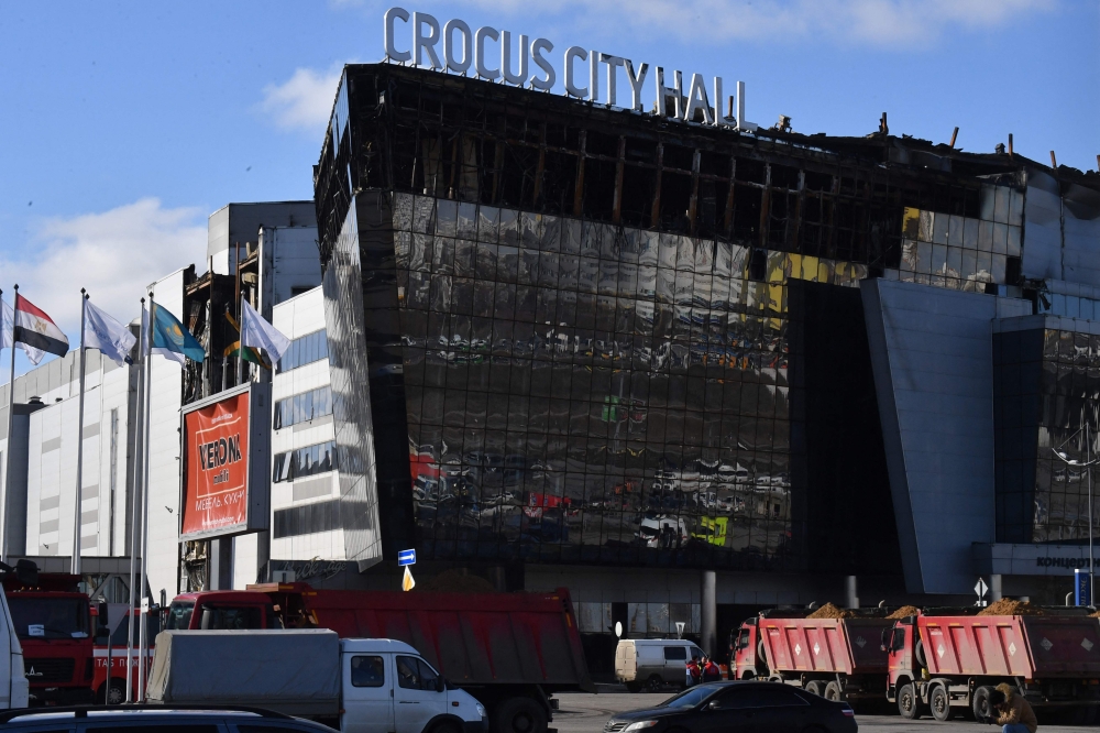 A view shows the burnt-out Crocus City Hall concert venue in Krasnogorsk, outside Moscow, on March 25, 2024. Photo by Olga MALTSEVA / AFP